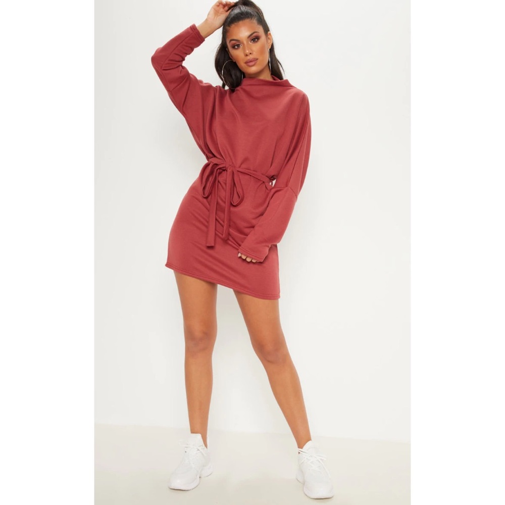 Brick Oversized Funnel Neck Tie Waist Dress